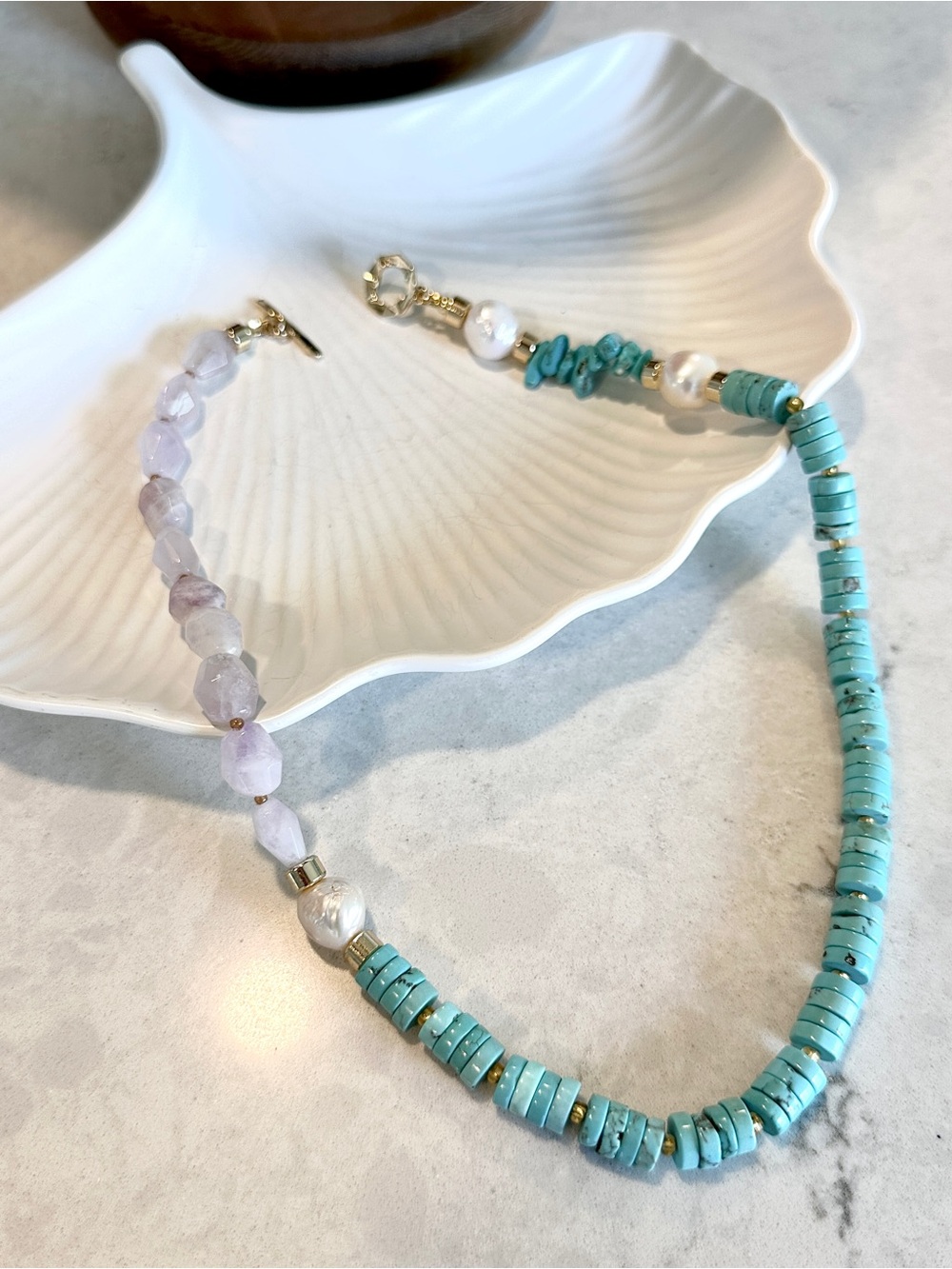 Amethyst Turquoise Heishi Pearl Necklace Gold Tone Toggle Handmade